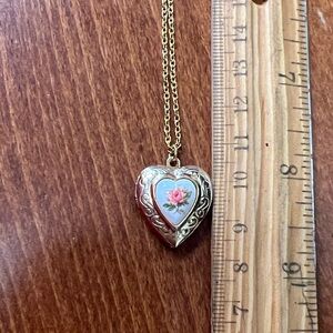 Gold Heart Locket Necklace with Floral Design